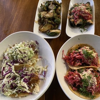 Seabirds Kitchen - Beer Battered Avo Taco Grilled Mushroom Taco Burnt Brussels Sprouts Purple Taquitos - Vegan Near Me - Costa Mesa, California
