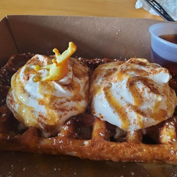 Sweet As Waffles - My Autum themed waffle with some great maple syrup and a dinosaur to boot! - Food Trucks Near Me - Bellingham, Washington Sweet As Waffles - My Autum themed waffle with some great maple syrup and a dinosaur to boot! - Food Trucks Near Me - Bellingham, Washington