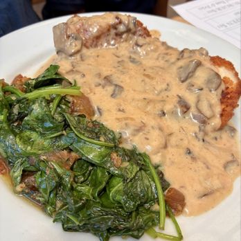 Beda's Biergarten - $19 Rahm Schnitzel (mushroom gravy) with sautéed spinach - German Near Me - San Luis Obispo, California