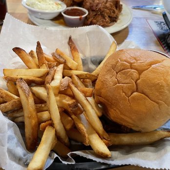 Armory Smokehouse - Pulled pork with gluten-free bun and fries - Steakhouses Near Me - Ironton, Ohio