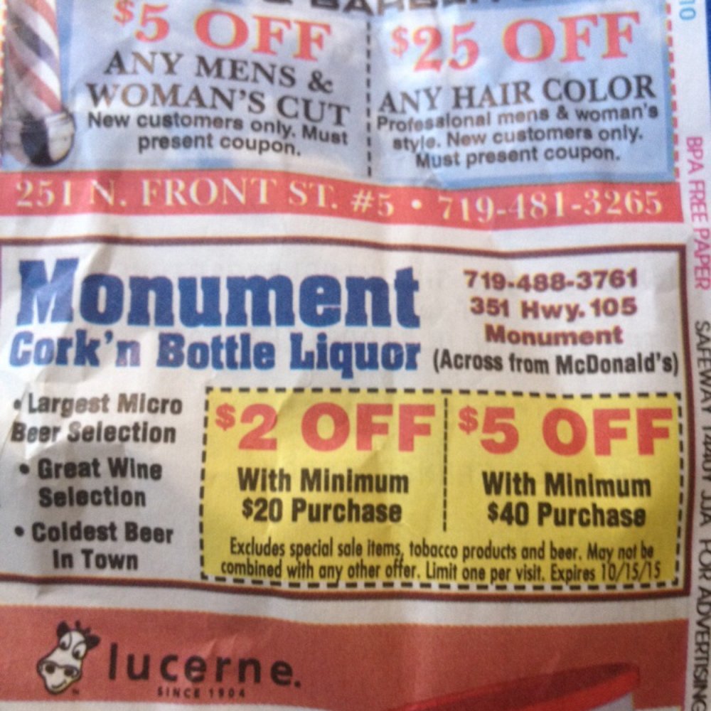 Monument Cork 'n Bottle - Coupon on the back of the Monument Safeway receipt- go grocery shopping first ! never buy beer at the GROCERY ! ( in Colorado ) - Beer, Wine & Spirits Near Me - Monument, Colorado Monument Cork 'n Bottle - Coupon on the back of the Monument Safeway receipt- go grocery shopping first ! never buy beer at the GROCERY ! ( in Colorado ) - Beer, Wine & Spirits Near Me - Monument, Colorado