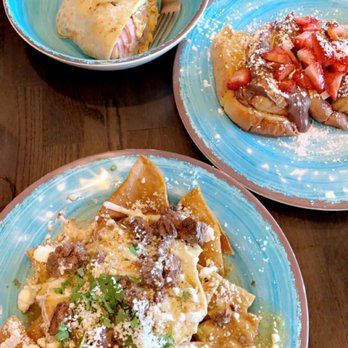 Atticus Cafe - chilaquiles with steak and green salsa, french toast with Nutella and strawberries, finch breakfast burrito. - Breakfast & Brunch Near Me - Anaheim, California