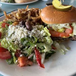 Olympia Diner - Classic Burger, Greek Salad, Fries and brown gravy