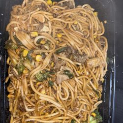 Big Wok Mongolian Grill - Noodles, broccoli, corn kernels, cilantro, chicken, beef, and lamb Garlic water, chili paste, teriyaki sauce, and soy sauce