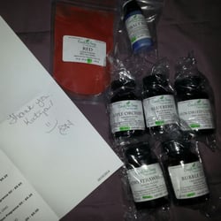 Candora Soap - Bunch of fragrance oils. Love the personal touch on my invoice slip!! :)