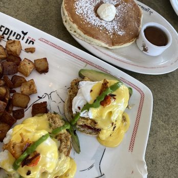 Breakfast Republic - crab and crawfish cake benedict and a buttermilk pancake - Breakfast & Brunch Near Me - Palm Desert, California