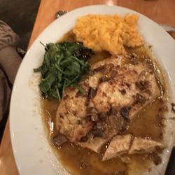 Stellas Italian Bistro - Chicken Marsala with charred spinach and red pepper, mashed potatoes.