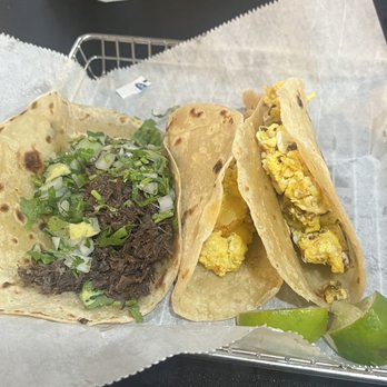 Tacos Flores - Barbacoa, potato and egg, machaca (dried beef) and egg tacos - Mexican Near Me - Humble, Texas