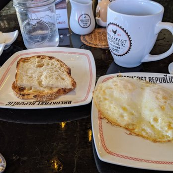 Breakfast Republic - The vegetarian option of eggs and toast on little baby plates instead of one plate. - Breakfast & Brunch Near Me - San Diego, California