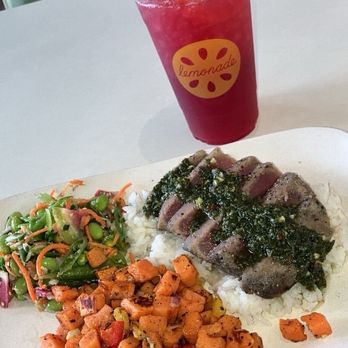 Lemonade - Build your own plate with Line Caught Ahi Tuna, Lemon Herb Chimichurry, Snap Pea Edamame, and Rosemary Sweet Potato Hash - New American Near Me - Huntington Beach, California Lemonade - Build your own plate with Line Caught Ahi Tuna, Lemon Herb Chimichurry, Snap Pea Edamame, and Rosemary Sweet Potato Hash - New American Near Me - Huntington Beach, California