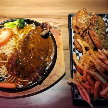 Good Catch Boil House - AAA Sirloin steak with spaghetti in black pepper sauce, and 1lb of Honey garlic wings (comes with fries!) - Cajun/Creole Near Me - Markham, Ontario