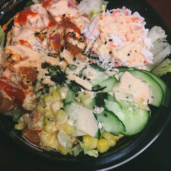 Poke Pop - I douse it with spicy mayo sauce! (So good!) Salmon, tuna, white rice, iceberg lettuce, corn, crab salad, and cucumbers! - Poke Near Me - Fircrest, Washington
