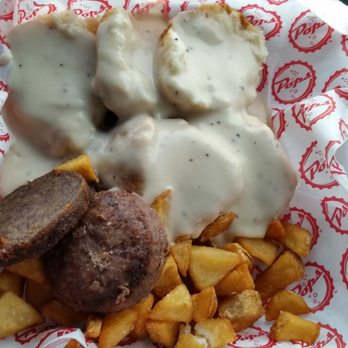 Pops - Biscuits and gravy with sausage - Burgers Near Me - Arcadia, Oklahoma