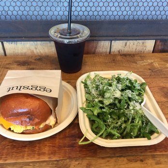 Eggslut - Fairfax sandwich ($7), arugula side salad ($3.50), & cold brew ($4). - Breakfast & Brunch Near Me - Los Angeles, California