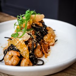 The Kitchen American Bistro - Black Spaghetti, pink shrimp, nduja, fennel, citrus, bread crumb