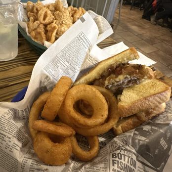 The Reef - Patty melt with onion rings and fresh fried cracklings - Chicken Wings Near Me - Pensacola Beach, Florida