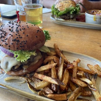 The 3 Legged Crane Pub and Brewhouse - My mushroom Swiss burger with hand cut fries - Breweries Near Me - Oakridge, Oregon The 3 Legged Crane Pub and Brewhouse - My mushroom Swiss burger with hand cut fries - Breweries Near Me - Oakridge, Oregon