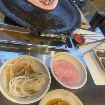 365 Bbq - Sides on the table waiting for you! The radish and onions are amazing!! - Korean Near Me - Fort Lee, New Jersey