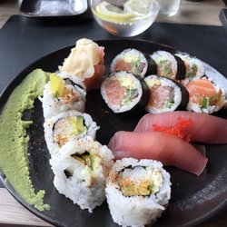 Hashi Sushi - Looks pretty but tastes no so good. Look at that giant smear of nearly crunchy wasabi. Bleh.