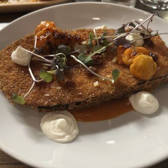 Cello - Crispy eggplant with blistered tomatoes and burarta - New American Near Me - Lenox, Massachusetts Cello - Crispy eggplant with blistered tomatoes and burarta - New American Near Me - Lenox, Massachusetts