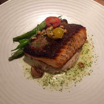 Saint & Second - The macadamia nut crusted salmon with white bean purée!  SO good! - New American Near Me - Long Beach, California