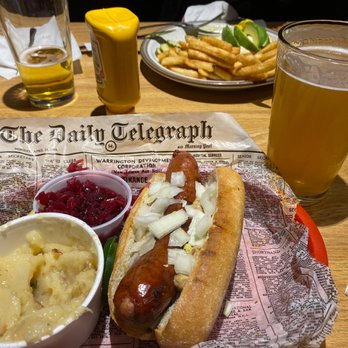 Brat Stop - Jalapeño Cheddar Brat, German Potato Salad and Red Cabbage finished with a Spotted Cow. - Bars Near Me - Kenosha, Wisconsin