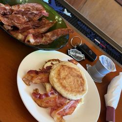 Franny's - Bacon egg and cheese on an English with a side of bacon