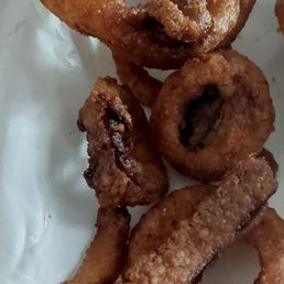 Burned, bitter onion rings.
