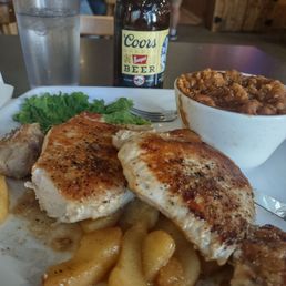 Pork chops with cinnamon glazed apples and cowboy beans with a Coors Banquet to wash it all down.