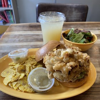 Lakou Cafe - Fried Mushroom Sandwich w/ Side Salad and Plantain Chips (vegan) Ginger Limeade - Vegan Near Me - Brooklyn, New York Lakou Cafe - Fried Mushroom Sandwich w/ Side Salad and Plantain Chips (vegan) Ginger Limeade - Vegan Near Me - Brooklyn, New York