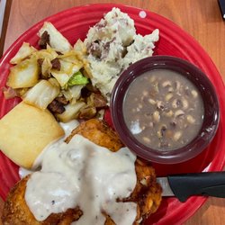 Catherine's Bistro - Chicken fried chicken, cabbage, smashed potatoes, purple hull peas, roll & gravy