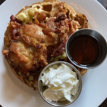 Lilly's - Chicken and waffles (well done) w whipped cream requested on the side. - Tapas/Small Plates Near Me - White Plains, New York Lilly's - Chicken and waffles (well done) w whipped cream requested on the side. - Tapas/Small Plates Near Me - White Plains, New York
