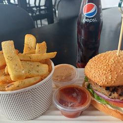 Grill'd - Lamb Bam Basil Burger,  it's new, large chips, Pepsi, tomato relish and Chipotle sauce.