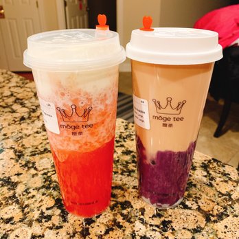 Moge Tee DC - Left: Fresh strawberry tea with cheese form+ cream brûlée. Right: Purple sweet potato bubble milk shake - Bubble Tea Near Me - Washington, DC, District of Columbia
