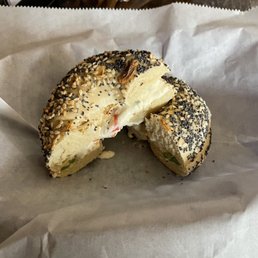 Everything bagel with veggie cream cheese Everything bagel with veggie cream cheese