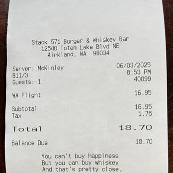 Stack 571 Burger and Whiskey Bar - Kirkland - My receipt - New American Near Me - Kirkland, Washington