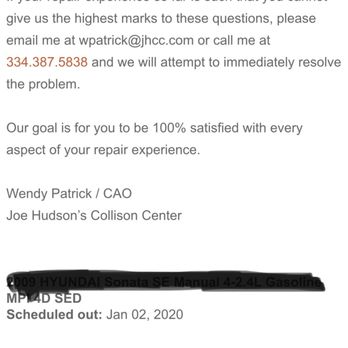 Joe Hudson's Collision Center - Wasn't ready for pickup for another 7 days past the scheduled out date. - Body Shops Near Me - Yulee, Florida Joe Hudson's Collision Center - Wasn't ready for pickup for another 7 days past the scheduled out date. - Body Shops Near Me - Yulee, Florida