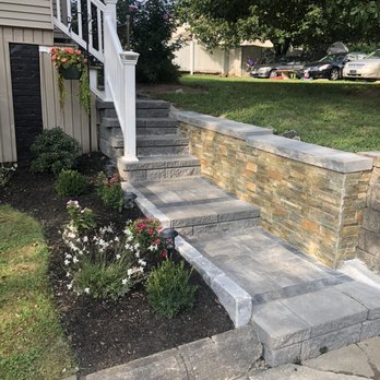 J&J Landscaping and Construction - Front walkway with pavers, stone stairs & veneer stone retaining wall. Added 2 new steps . - Lawn Services Near Me - Providence, Rhode Island