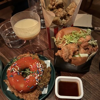 Double Chicken Please - Popcorn chicken with hot honey sauce, salted egg yolk, sandwich, mochi donut sandwich, drink is the custard bun - Cocktail Bars Near Me - New York, New York Double Chicken Please - Popcorn chicken with hot honey sauce, salted egg yolk, sandwich, mochi donut sandwich, drink is the custard bun - Cocktail Bars Near Me - New York, New York
