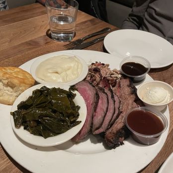 Sweet T's Restaurant + Bar - Bbq Plate with tri tip, pulled pork and brisket.  Collard greens and mashed potato sides. - Southern Near Me - Windsor, California