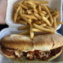 Meatball Sub with French fries. Meatball Sub with French fries.