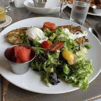 Craft Farmacy - Smoked salmon, poached eggs and latkes with salad - Seafood Near Me - London, Ontario Craft Farmacy - Smoked salmon, poached eggs and latkes with salad - Seafood Near Me - London, Ontario