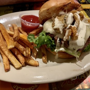 Piedmont Ale House - Burger topped with fried pickles and banana peppers - yum! - Pubs Near Me - Burlington, North Carolina