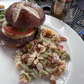 2 Dads Eatery and Taproom - Bison burger and pasta salad. - Pizza Near Me - Bailey, Colorado