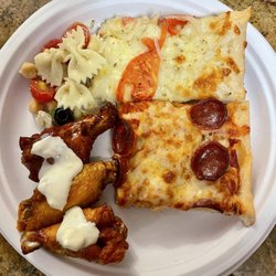 A piece of pepperoni, a piece of white, three wings and pasta salad that was homemade by us