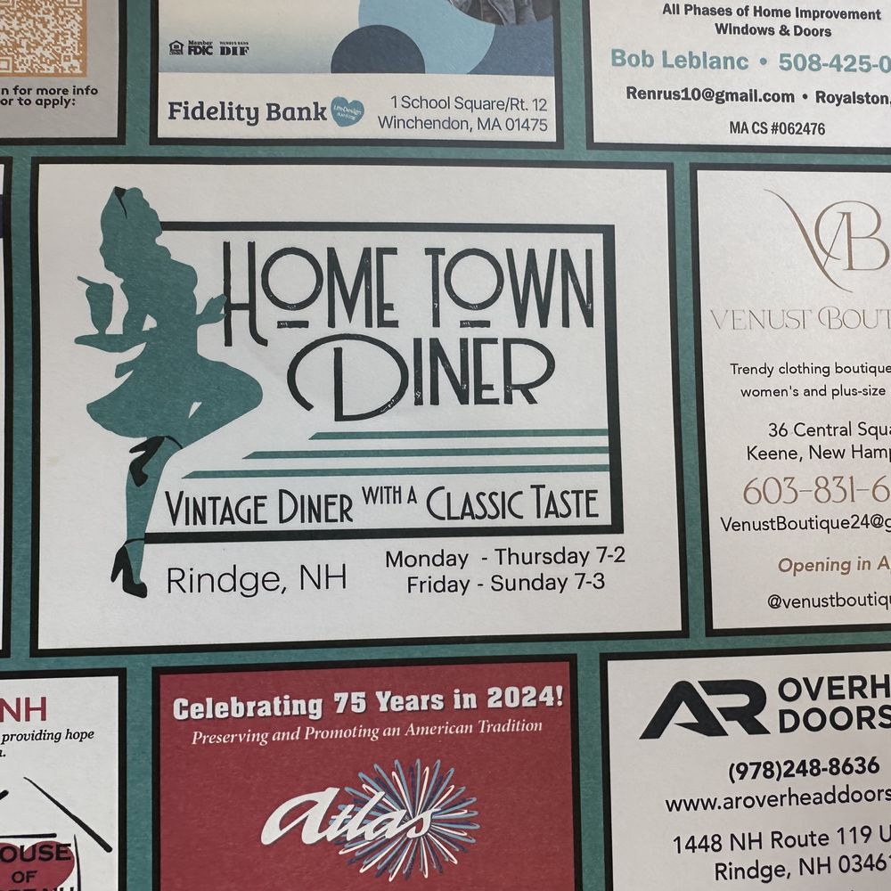 Hometown Diner - Classic diner advertising paper place mat - Diners Near Me - Rindge, New Hampshire