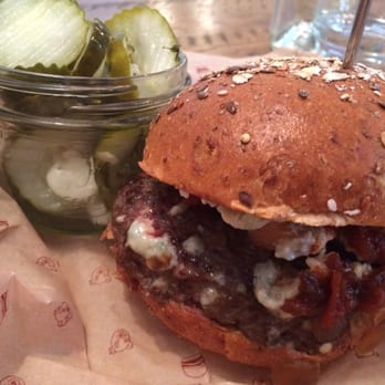 Bareburger - Upper West Side - Blue Elk burger with side of spicy pickles - American Near Me - New York, New York Bareburger - Upper West Side - Blue Elk burger with side of spicy pickles - American Near Me - New York, New York