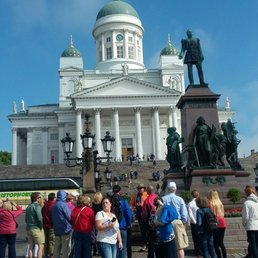 Helsinki Cathedral in the background.  Statue of Alexander II in the foreground.