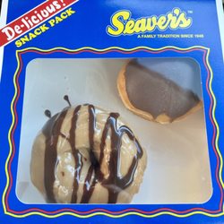 Seaver's Bakery - Small box holding two donuts: Maple Mocha Espresso and Chocolate Iced Cream filled.