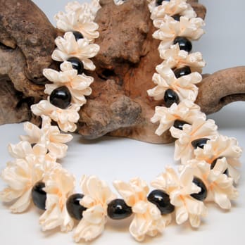 The Garden Home - Satin ivory ribbon flower lei with kukui nuts. - Home Decor Near Me The Garden Home - Satin ivory ribbon flower lei with kukui nuts. - Home Decor Near Me